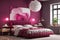 Viva magenta is a trendy color year 2023 panton in the rich bedroom. Painted mockup wall and crimson red burgundy colour bed