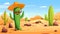 Viva Mexico banner with cactus in sombrero in desert. Modern poster with cartoon sand desert landscape with stones and