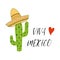 Viva Mexico colorful festive background with cactus, sombrero. Bright vector sign, print, logo, label