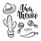 Viva Mexico. Hand drawn lettering phrase with doodle Mexican symbols isolated on background. Design element for poster, announceme