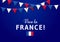 Vive la France! Greeting card or banner design with patriotic flags and text on blue background. Bastille Day, July 14
