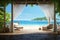 Vivid 3D rendering A beachside gazebo, tropical paradise, serene ocean vista