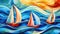 Vivid art paint of three sailboats on ocean waves AIG50