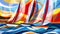 Vivid art paint of three sailboats on ocean waves AIG50
