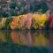 Vivid autumn hues envelop a serene lake nestled in woods