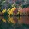 Vivid autumn hues envelop a serene lake nestled in woods