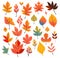 Vivid autumn leaves, isolated collection on white background. Generative AI illustration in cartoon style