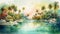 Vivid Birdlife: Watercolor Illustration Of Mexico\\\'s Lagoon With Palm Trees And Waterfalls