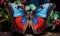 Vivid blue and red butterfly perched on green foliage with delicate wings outstretched embodying natures grace