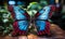 Vivid blue and red butterfly perched on green foliage with delicate wings outstretched embodying natures grace