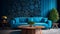 vivid blue velvet sofa and stump coffee table. Interior design of modern living room