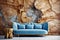 Vivid blue velvet sofa and stump coffee table. Interior design of modern living room with abstract incredible wooden paneling wall