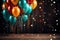 Vivid celebration balloons and confetti pop against wooden background
