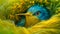 Vivid Close Up of a Colorful Bird Nestled in Greenery with Bright Yellow Highlights