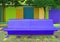 Vivid cobalt blue empty concrete bench with multi-color wooden wall in background