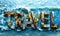 Vivid collage of travel-themed photographs forming the word TRAVEL against a dynamic ocean wave backdrop, representing global
