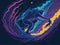 Vivid colorful illustrations of astronauts in space surfing on surfboard waves of galaxies. Ai Generated