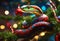 Vivid colorful snake on beautiful decorated Christmas tree