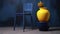 Vivid Contrasts: Lush Lemon Tree in a Sunny Yellow Pot with a Blue Stool Against a Dark Wall.