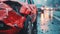 A vivid depiction of a red car\\\'s front end crumpled post-accident on a rainy, reflective street Generative AI Illustration