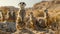 Vivid desert scene meerkats alertly stand in pastel colony, scanning for predators