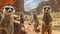 Vivid desert scene meerkats standing guard with photorealistic detail and soft lighting