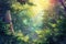 A vivid and detailed painting of a lush forest filled with a variety of tall trees, creating a mesmerizing and magical