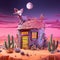 Vivid digital art of desert home with coyote