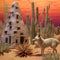 Vivid digital art of desert home with coyote