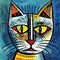 Vivid Expressionism: Large Canvas Painting Of A Cat With Blue Background In Picasso Style