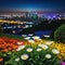 A vivid flower capturing the attention in the foreground and a bright modern city contrasting with the calm of nature