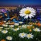 A vivid flower capturing the attention in the foreground and a bright modern city contrasting with the calm of nature