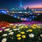 A vivid flower capturing the attention in the foreground and a bright modern city contrasting with the calm of nature