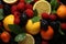 Vivid fruit array, berries, citrus, apples, liquidized juices A vibrant, healthy ensemble