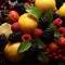 Vivid fruit array, berries, citrus, apples, liquidized juices A vibrant, healthy ensemble