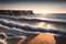 The Vivid Fusion of Sunset\\\'s Radiant Colors and the Playful Dance of White Foamy Waves Along the Shoreline. AI generated