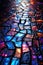 Vivid Holographic Mosaic Pathway in Cool Hues. AI generation