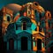 Vivid Hyper-Realistic Image Showcasing an Eclectic City space of Antique Baroque, Modernism, and Empire Styles in Saturated Colors