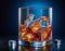 In this vivid image, a crystal clear glass is decorated with rich shades of alcoholic drink,