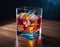 In this vivid image, a crystal clear glass is decorated with rich shades of alcoholic drink,