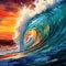 Vivid Impressionist Painting of Cresting Wave with Surfer