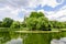 Vivid landscape in Nicolae Romaescu park from Craiova in Dolj county, Romania, with lake, waterlillies and large green tres in a