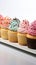 Vivid lineup cupcakes stand out individually against a clean white isolation