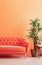 Vivid living room lush lava interior wall mock up with bright orange sofa, empty wall with free space above on top