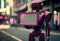 Vivid magenta robot holding a sign, ai generated