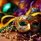 Vivid Mardi Gras background featuring masks, streamers, and lively colors,