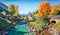 Vivid morning scene of Parish Church of St. Sebastian. Colorful autumn view of Bavarian Alps, Au village location. Bright outdoor