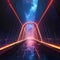 Vivid neon gateway amidst cosmic darkness, evoking futuristic fantasy realms