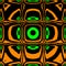 Vivid neon greenand bright orange colours in geometric ice-cube style symmetric design on black background
