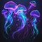 Vivid neon illustration of jellyfishes, Generative AI